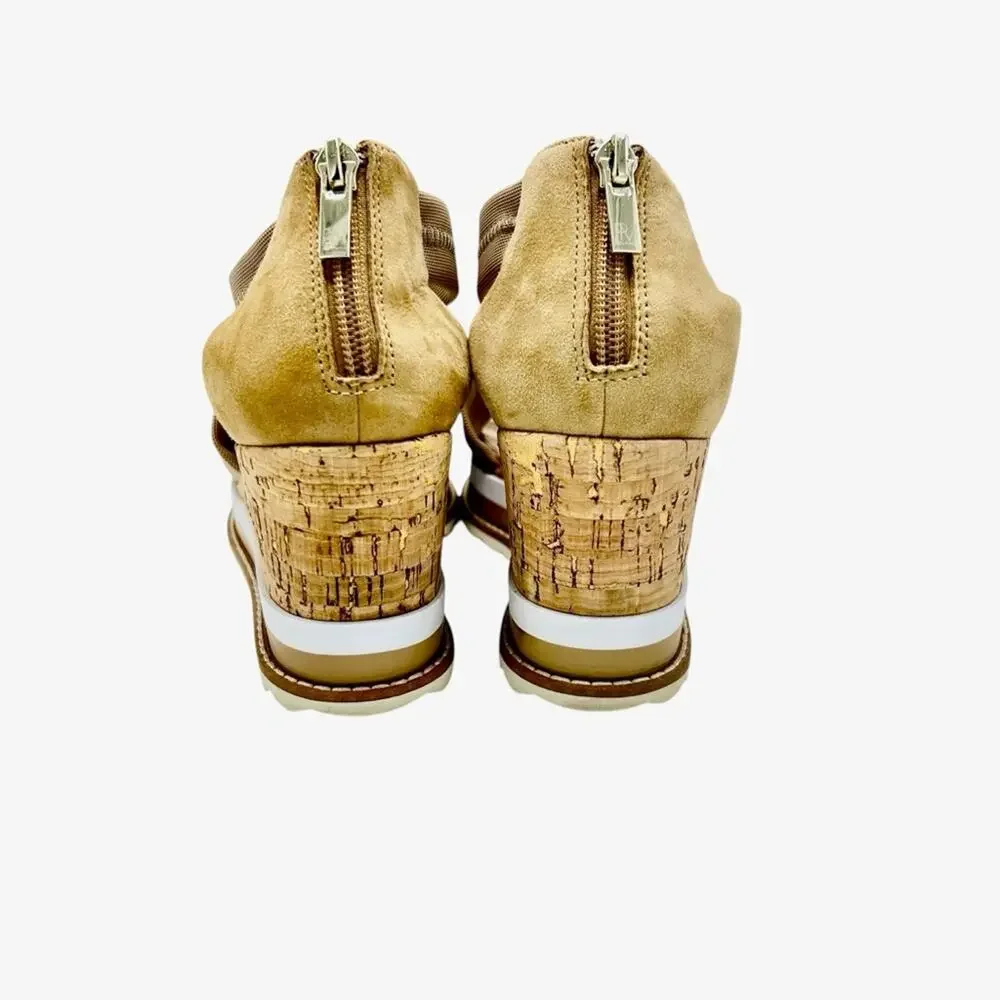 Pelle Moda Medina Wedge Sandal Size 7.5 Cork Elastic Suede Strappy Boho Chic